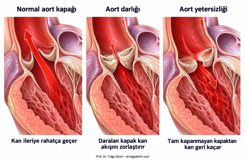 Normal aort kapağı, aort darlığı ve aort yetersizliğinde kapak yapısının ve kan akış yönlerinin karşılaştırılması.