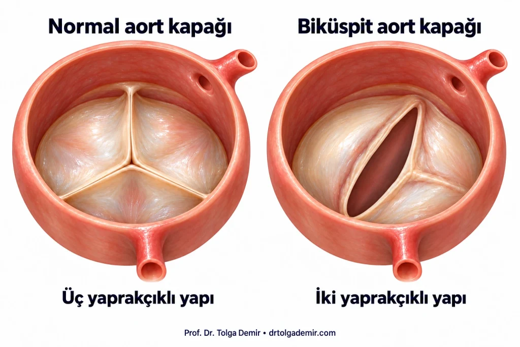 Normal üç yaprakçıklı aort kapağı ile iki yaprakçıklı biküspit aort kapağının ve koroner damar çıkışlarının karşılaştırılması.
